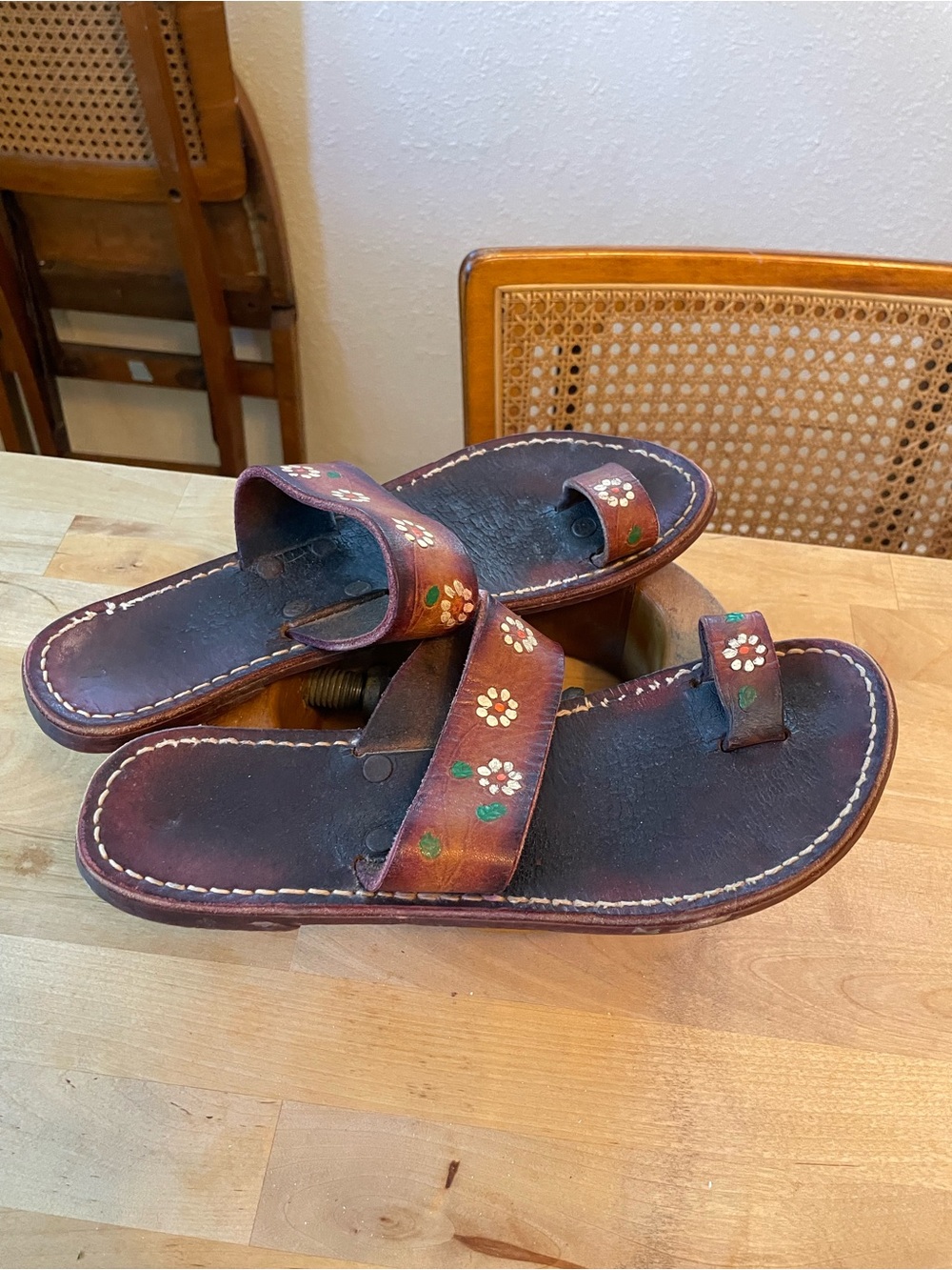 Hand-Painted 1970s Brown Leather Floral Slide Sandals